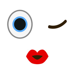 Kiss emoticon with wink eye in trendy flat style. Red lips emoji vector illustration.
