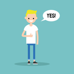 Thumbs up. Young blond boy says 