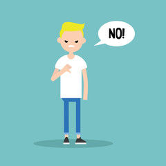 Thumbs down. Displeased blond teenage boy says "No" / editable flat vector illustration