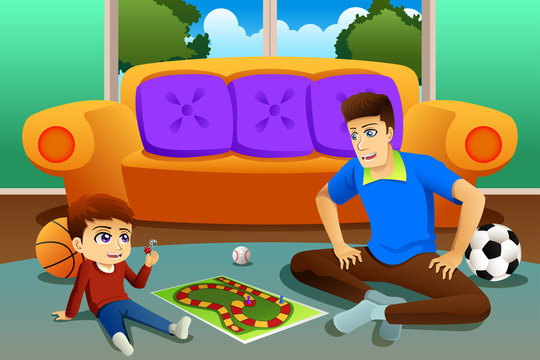 Father and Son Playing Board Game at Home