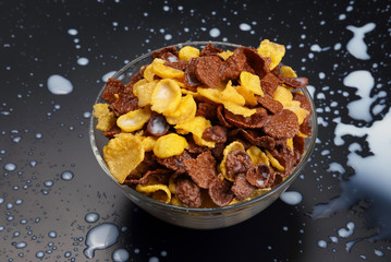 bowl of cornflakes filled with milk