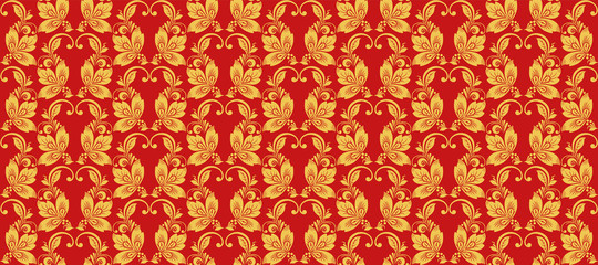 Hohloma seamless pattern, russian traditional folk vector. Khokhloma background decoration in red and gold colors