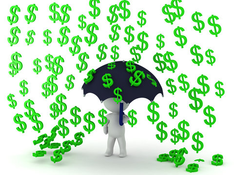 3D Character holding an umbrella while money rains