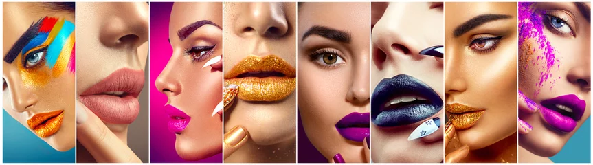  Make-up collage. Ideeën voor schoonheidsmake-upartiesten. Kleurrijke lippen, ogen, oogschaduw en nail art © Subbotina Anna