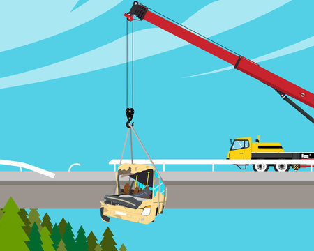 The driver of the tourist bus was tired and fell asleep at the wheel, the bus fell from the bridge and crashed. Vector illustration