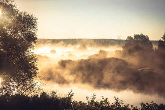 Misty rural landscape during golden hour at river bank in the early morning