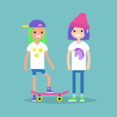 Trendy teenage girls with dyed hair wearing bright casual clothes / flat editable vector illustration, clip art