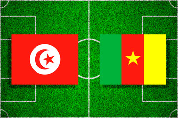 Flag of Tunisia - Cameroon on the football field. football friendly match