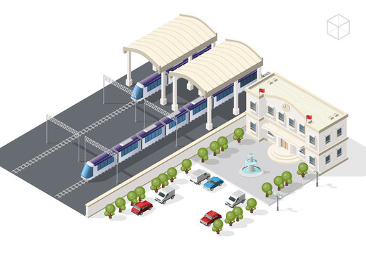 Isometric High Quality City Element with 45 Degrees Shadows on White Background . Railway Station
