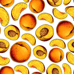 Peach vector seamless pattern. Hand drawn full and sliced pieces