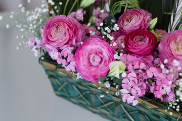 Closeup of flower arrangement in basket