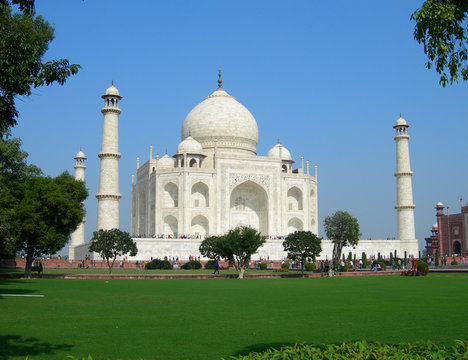 Iconic view of the Taj Mahal mausoleum in Agra, India, with the dome and the minaret towers framed by vegetation from the surrounding park.
