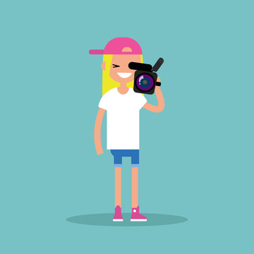 Camera crew: young operator holding a camera / editable flat vector cartoon illustration, clip art