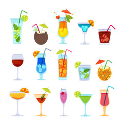 Tropical cocktails, juice, wine and champagne glass set. Vector hand drawn doodle illustration. Various isolated cocktail glass with beverages.