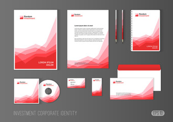 Corporate identity template for investment company, modern stationery template design stylized with charts for investment business. Brochure cover, letterhead, envelope, business card, pen, CD cover.