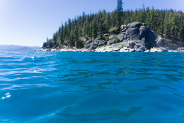 Shallow depth of field shot from the surface of a lake looking towards a rocky forested shoreline