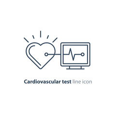 Heart test line icon, electrocardiogram monitor logo, cardiology examination