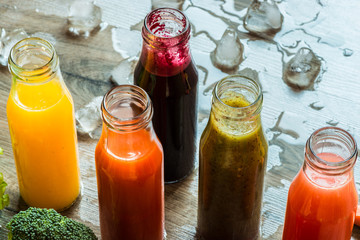Detox diet. Healthy eating. Different colorful fresh juices.