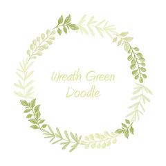Obraz premium Green hand drawn leaves wreath vector, greeting, invitation or wedding card template. Greenery spring floral frame
