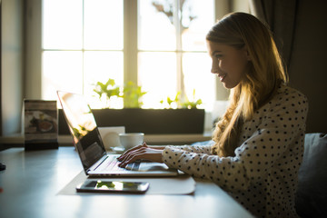 Side portrait of beautiful blonde woman sitting at cafe using laptop