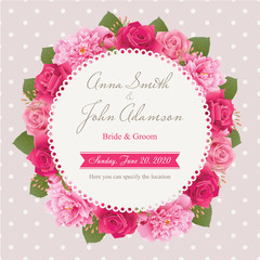 Wedding invitation card, save the date card, greeting card with peonies and roses. Flower frame. EPS 10