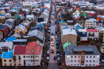 View of Old Town from top of church tower at dusk, Reykjavik