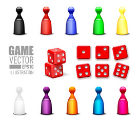 Different leisure game pawn figures and game blocks dices in variety number. Vector illustration games icons set
