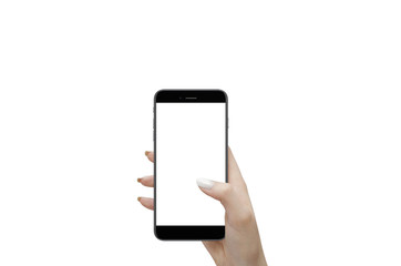 Black phone in woman hand with white screen and isolated background