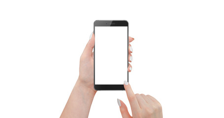 Modern black phone in woman hand. Isolated on white background