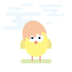 Flat illustration of chicken with hat made form eggshell.