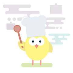 Flat illustration of chicken chef with wooden spoon.