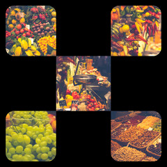 Collage of Fruits and vegetables stall in La Boqueriamarket in Barcelona. 