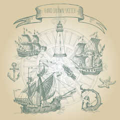 Old caravel, vintage sailboat. Hand drawn vector sketch. Anchor, lighthouse, sea monster, starfish