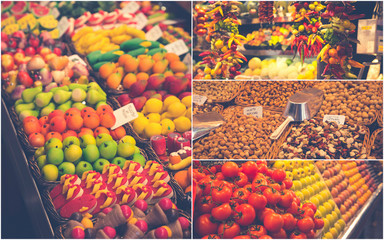 Collage of Fruits and vegetables stall in La Boqueriamarket in Barcelona. 
