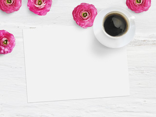 Styled stock photo. Feminine product mockup with buttercup flowers, Ranunculus, blank list of paper, cup of coffee and shabby white background. Flat lay, top view. Picture for blog or social media.