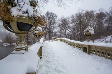 Bow Bridge in Central Park winter in midtown Manhattan New York City