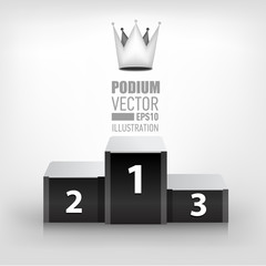  Winners sport podium black color and realistic grey crown. Realistic vector pedestal
