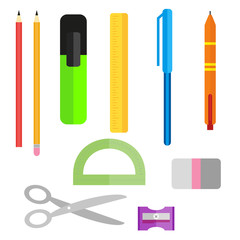 Fototapeta na wymiar Set of school supplies. Pens pencils scissors and ruler. Pencil sharpener and eraser. Collection of objects in a flat style isolated on white background.