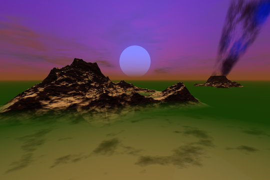 Moonlight, a beautiful  landscape, volcanic smoke, green fog and a purple sky.