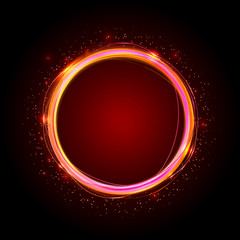 Golden shiny rings. Abstract color vector banner. Light effects, glare and reflections. Glowing stellar dust. Template for text.