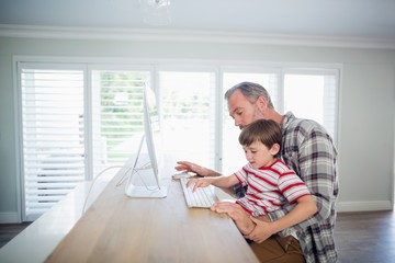 Father and son working on computer