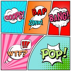 Abstract creative concept vector comic pop art style blank, layout template with clouds beams and isolated dots background. For sale banner, empty speech bubble set, illustration halftone book design.
