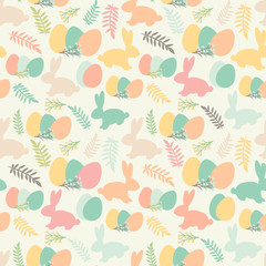 Illustration of seamless pattern with flowers, bunnies, and easter eggs