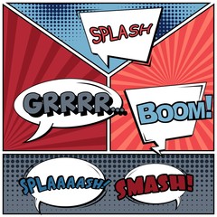 Abstract creative concept vector comic pop art style blank, layout template with clouds beams and isolated dots background. For sale banner, empty speech bubble set, illustration halftone book design.