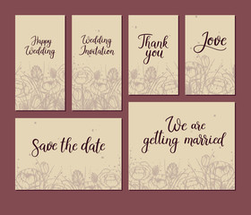 Set of hand lettering wedding cards. Vector floral illustration. Calligraphy