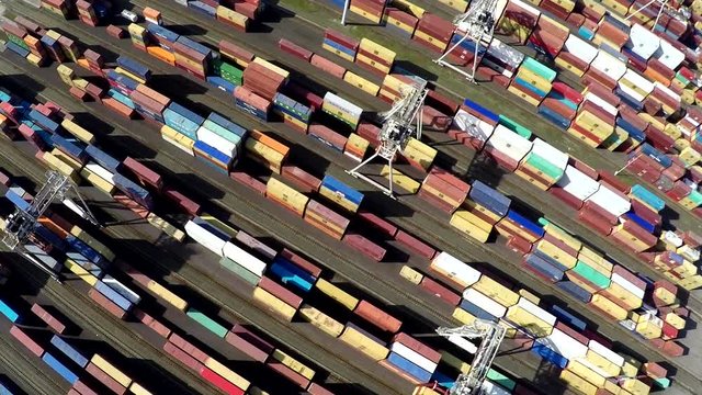 Aerial bird view of container terminal intermodal container is standardized shipping container designed and built for intermodal freight transport are used across different modes of transport 4k