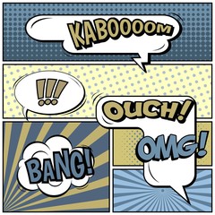Abstract creative concept vector comic pop art style blank, layout template with clouds beams and isolated dots background. For sale banner, empty speech bubble set, illustration halftone book design.