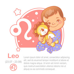 Children's horoscope icon. Kids zodiac. Cute little baby boy or girl as Leo astrological sign. Vector illustration. Kid in pajamas with plush toy lion. Astrological symbol as cartoon character.