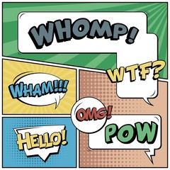Fototapeta premium Abstract creative concept vector comic pop art style blank, layout template with clouds beams and isolated dots background. For sale banner, empty speech bubble set, illustration halftone book design.