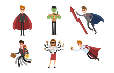 Superhero business man woman vector illustration set character success cartoon power concept businessman strong person silhouette leader team isolated